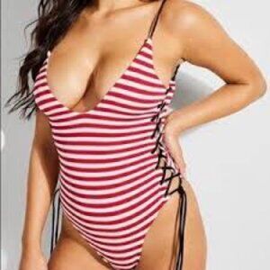 GUESS white red striped one piece swim suit lace-up side
